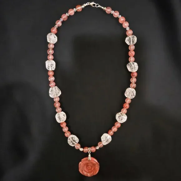 Hand Crafted Cherry Quartz Beads and Carved Cherry Quartz Pendant Necklace - Picture 2 of 9